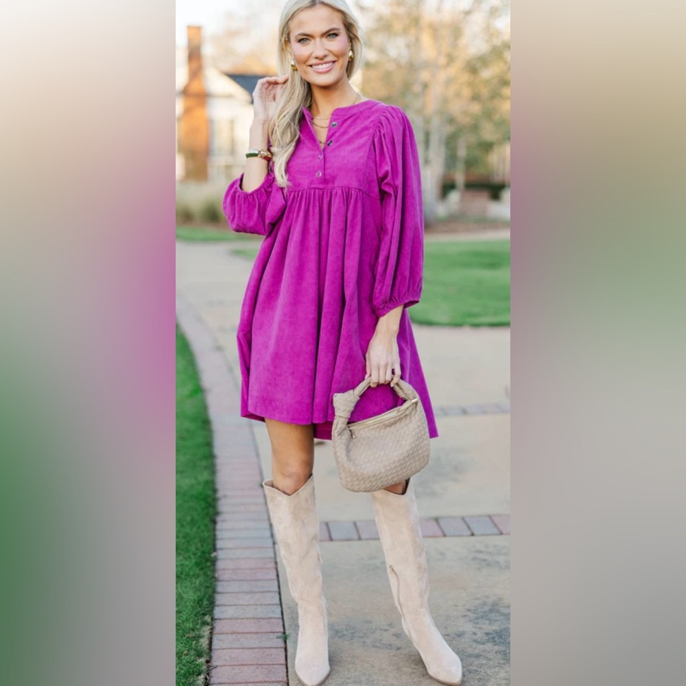 Magenta Corduroy Short Babydoll Dress | Large | Long Sleeves | NWT